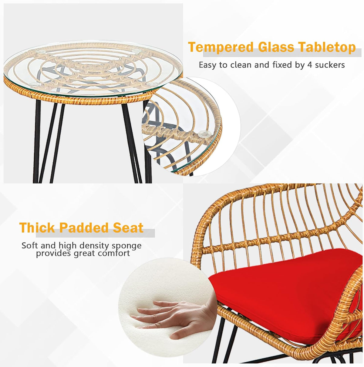 DORTALA 3 Piece Outdoor Bistro Set, Small Patio Furniture Set with with Metal & Wicker Frame, Tempered Glass Tabletop, All-Weather Table and Chairs for Backyard, Balcony, Poolside, Red