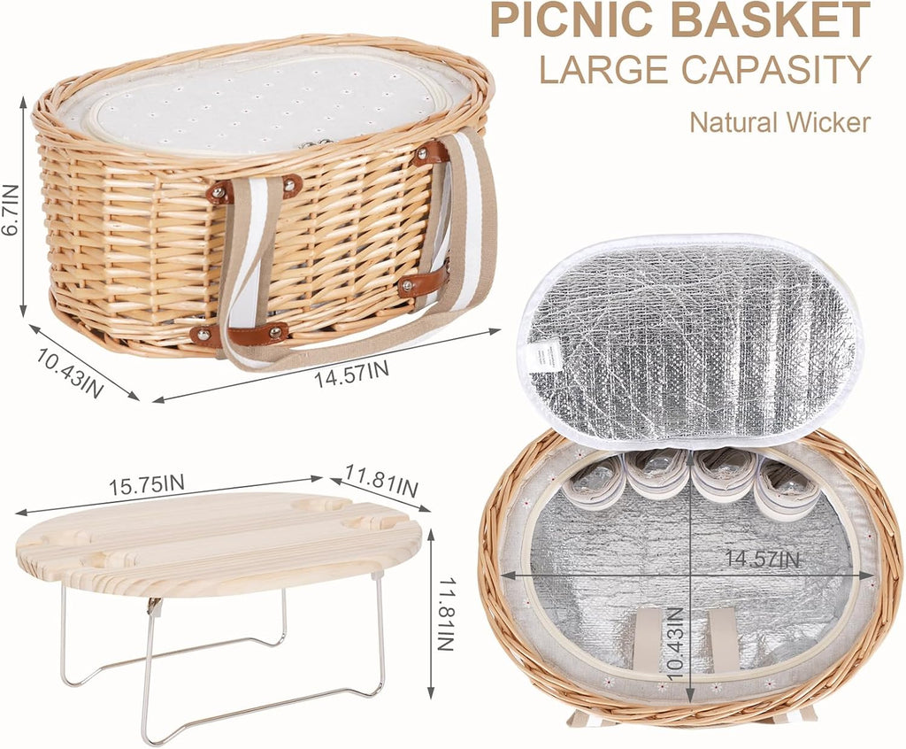 Picnic Basket Set for 4 - Wicker Insulated Picnic Basket
