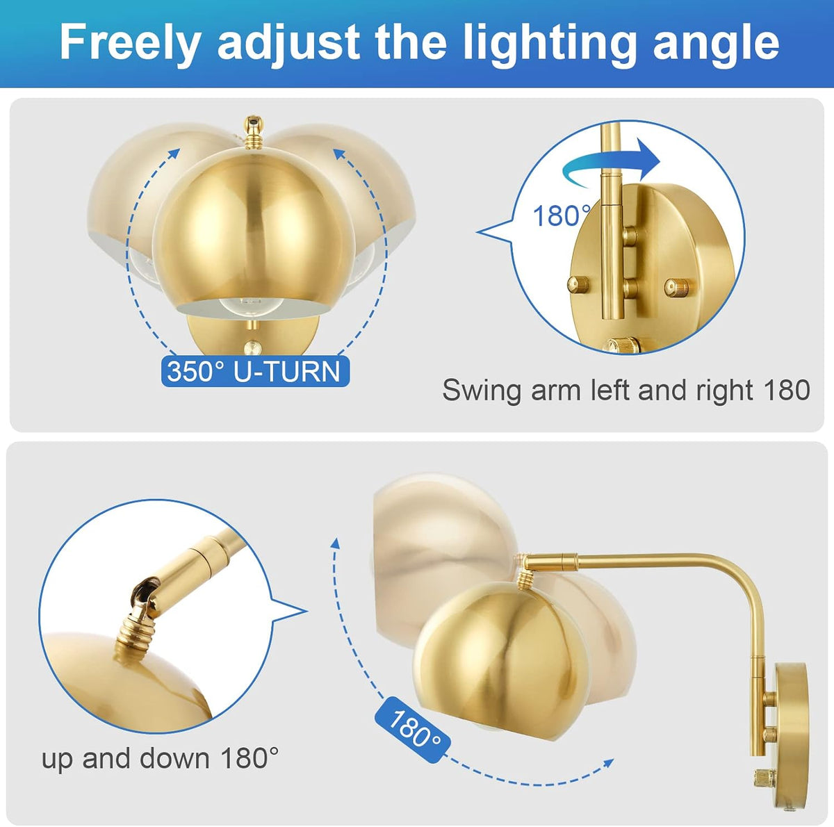 VATONI Wall Sconces Plug in, Dimmable Wall Sconce Swing Arm Wall Lights with Plug in Cord and Dimmer On/Off Knob Switch, Brushed Brass Globe Wall Light for Bedroom Bedside Hallway(2 Bulbs Included)