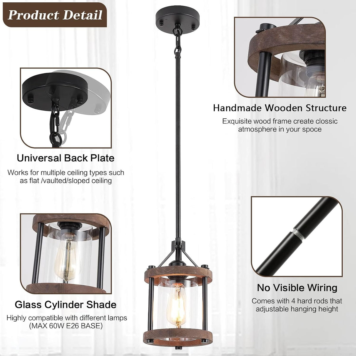 farmhouse pendant light for kitchen island, 1-light rustic, front angle view