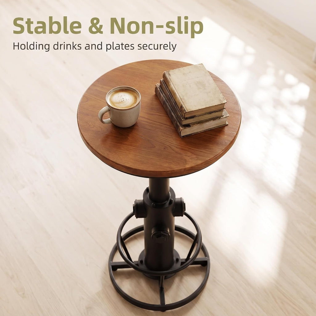 Vintage Bistro Table Height Adjustable 38.6-44.4inch Industrial Bar Table for Kitchen Dining Room Coffee House Pub Office Swivel Round Wooden Top for 2-3 People