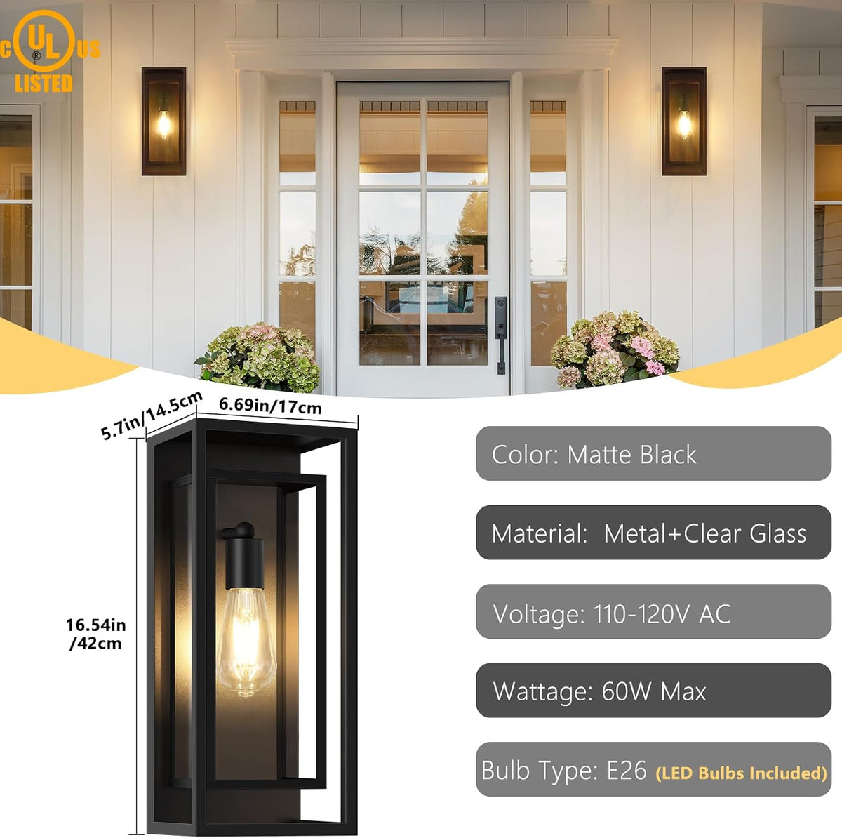 16.5'' Large Outdoor Porch Wall Lanterns, 2 Pack Matte Black Exterior Outdoor Lights with Clear Glass Shade, Modern Wterproof Light Fixtures for Front Door, Patio, Garage, LED Bulb Included