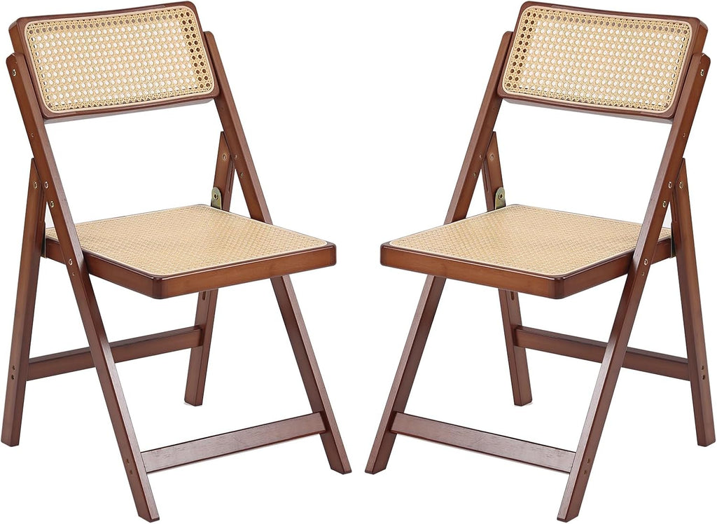 Tiita Rattan Folding Dining Chairs Set of 2, Bamboo Frame, Walnut