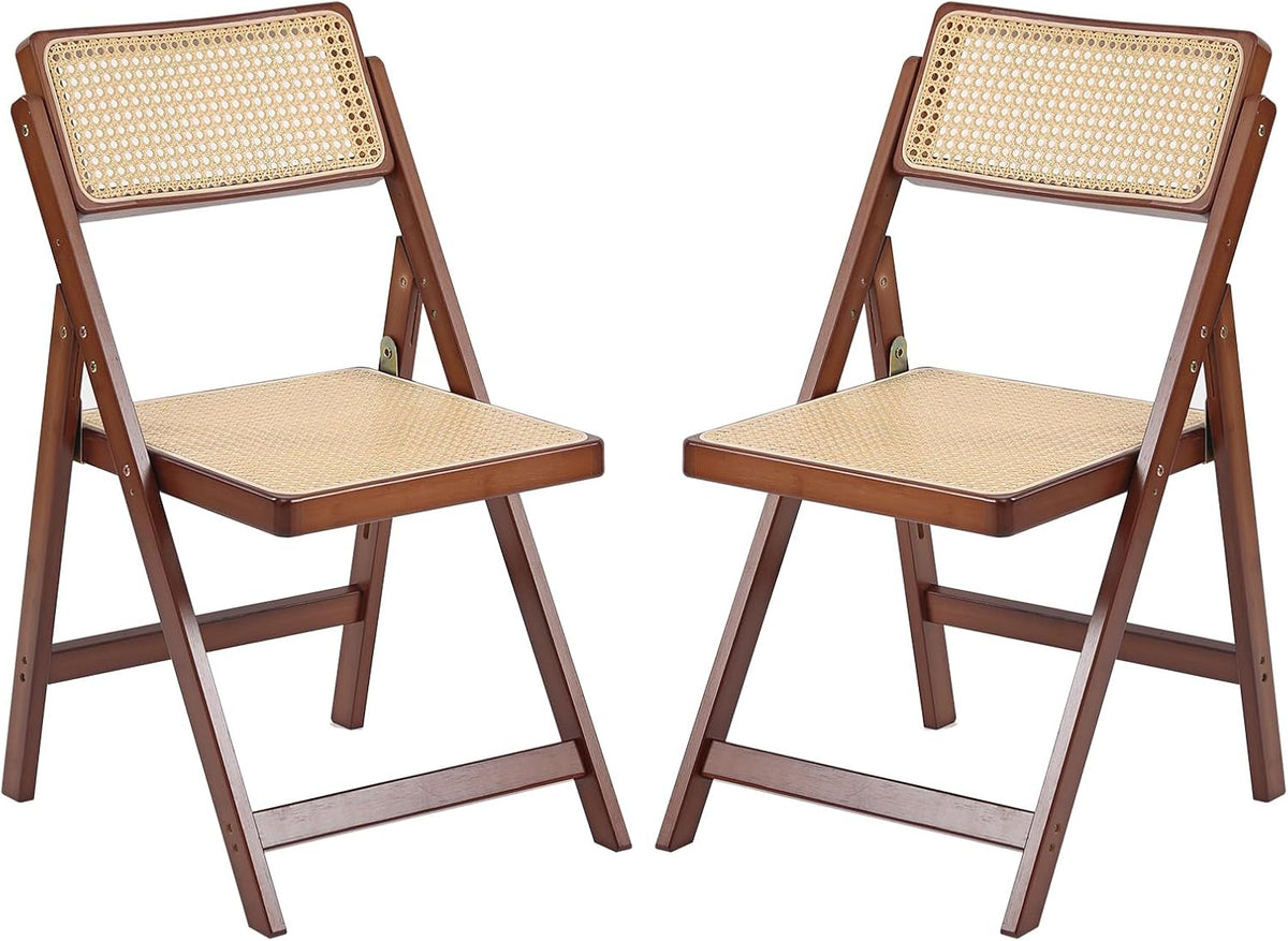 Tiita Rattan Folding Dining Chairs Set of 2, Bamboo Frame, Walnut