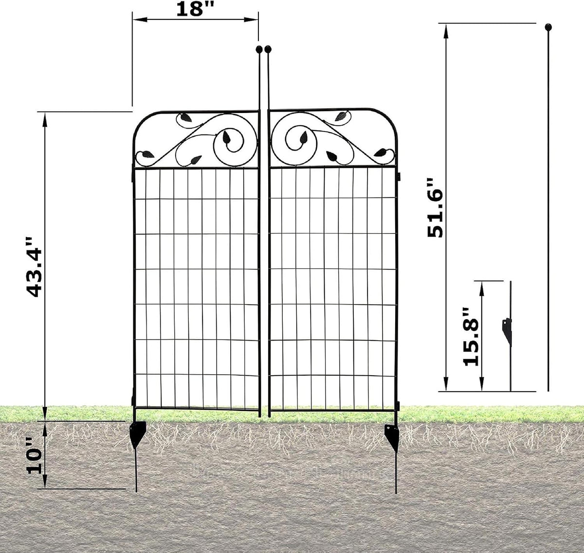 1 Pack 44 Inches x 36 Inches Black Coated Steel Decorative Garden Fence Gate with 8 Leaves, Heavy Duty Metal Wire Border Gate