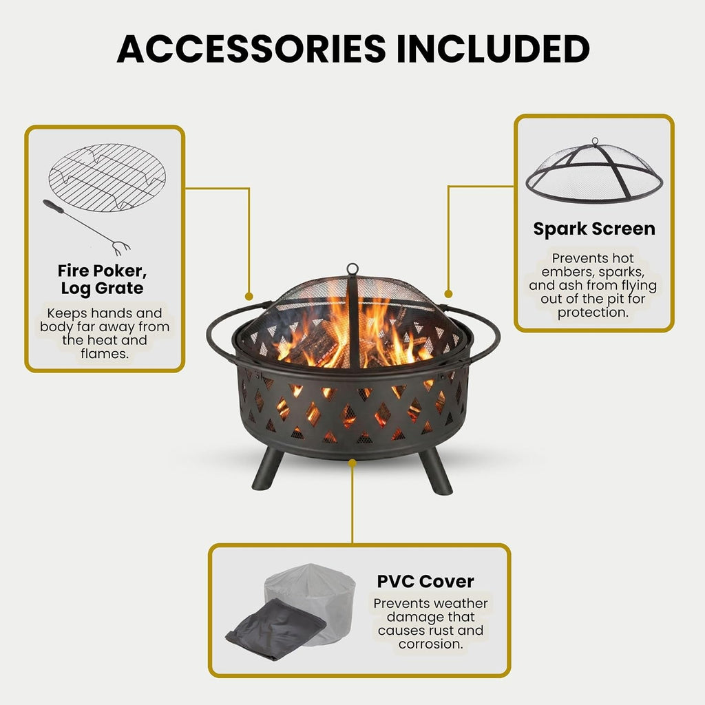 Pure Garden Outdoor Fire Pit with Cross Weave Pattern, Black, 32-Inch