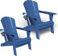 GLANC Folding Adirondack Chairs Set of 2, HDPE All-Weather Outdoor Patio Fire Pit Chair with Cup Holder for Poolside Yard Deck Balcony, Wooden Textured, 380LBS Capacity (Navy Blue)