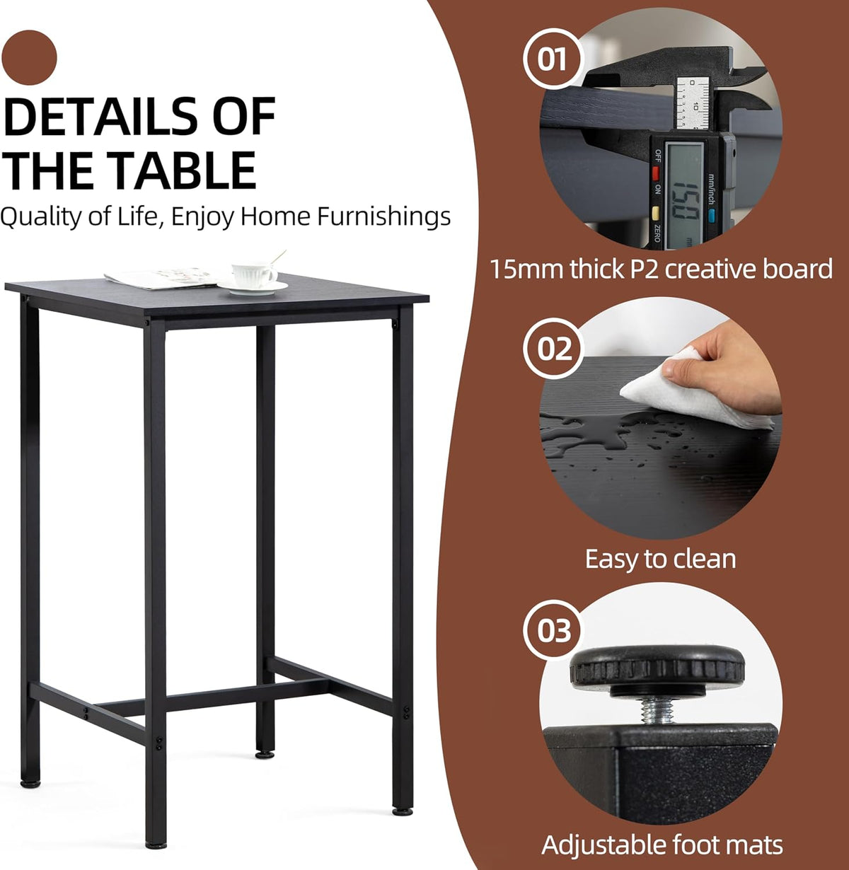 Finnhomy Bar Table, 23.6" Pub High Top, Square Bar Height, Counter Height Cocktail, Small Kitchen Set for 2, Breakfast for Kitchen, Living Room, Rustic Black