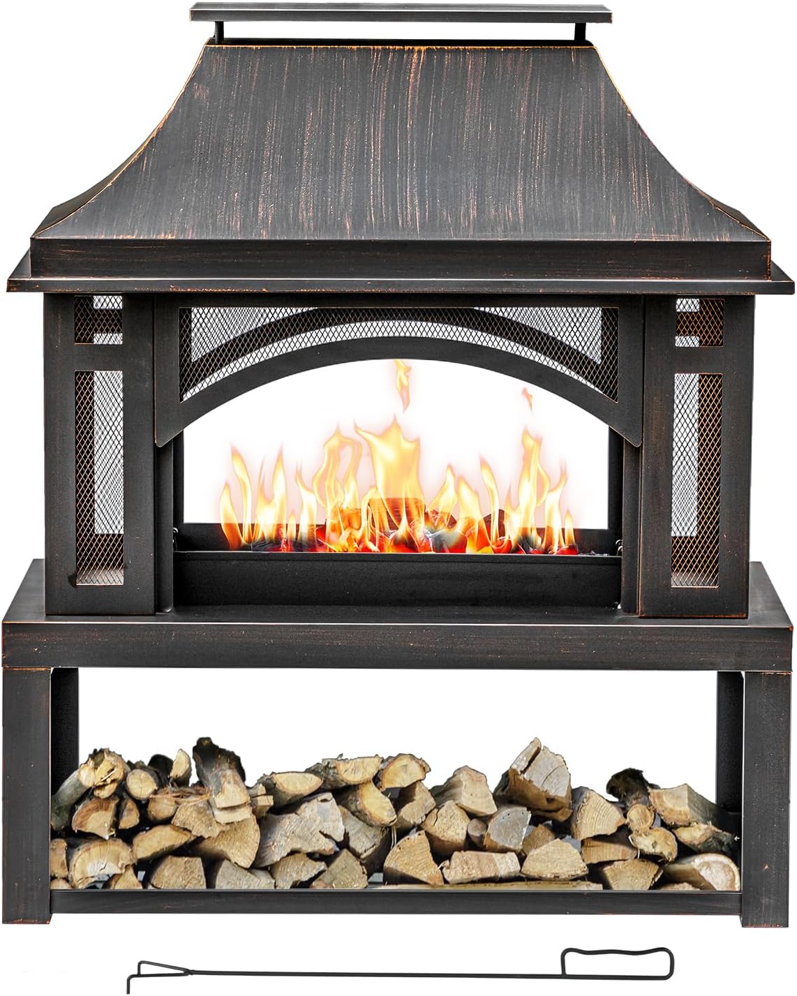 Panovue 39 Inch Fire Pits with Outdoor Chimney and Wood Storage