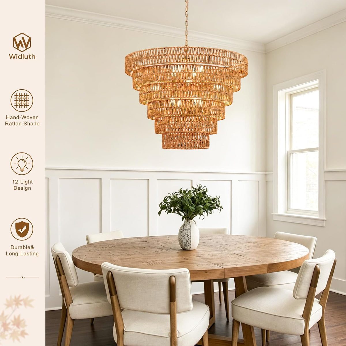 31.5" large gold rattan chandelier, 12-light hand-woven 6-tier on a desk or shelf