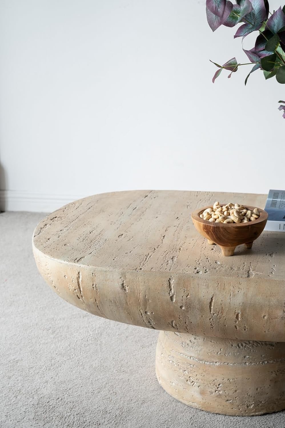 WILLIAMSPACE 36" Oval Coffee Table, Modern Faux Stone Circle Center Table Accent Travertine Tea Table for Living Room, Magnesium Oxide, Cream