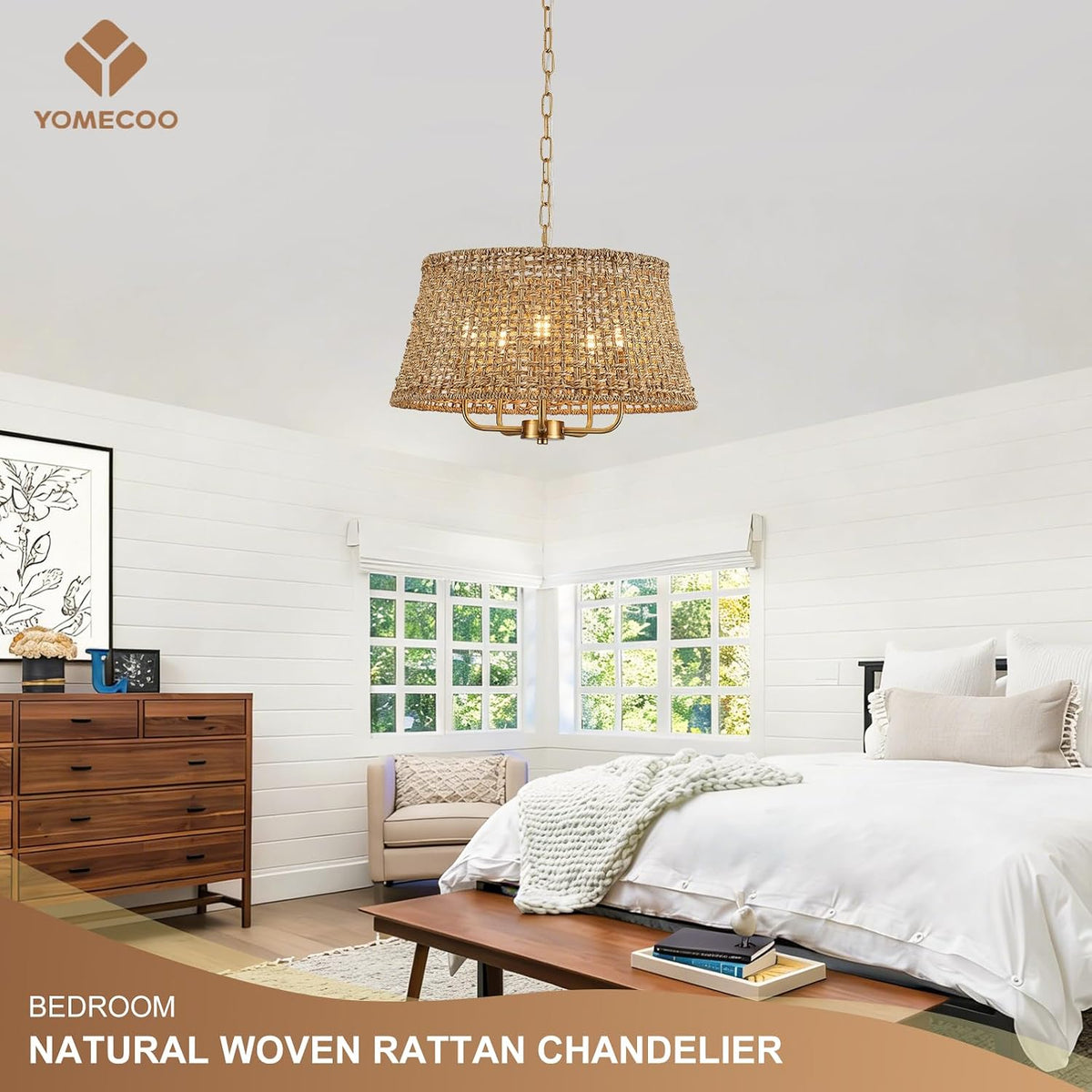 19.7" Boho Rattan Chandelier, 5-Light Gold Wicker Light Fixture