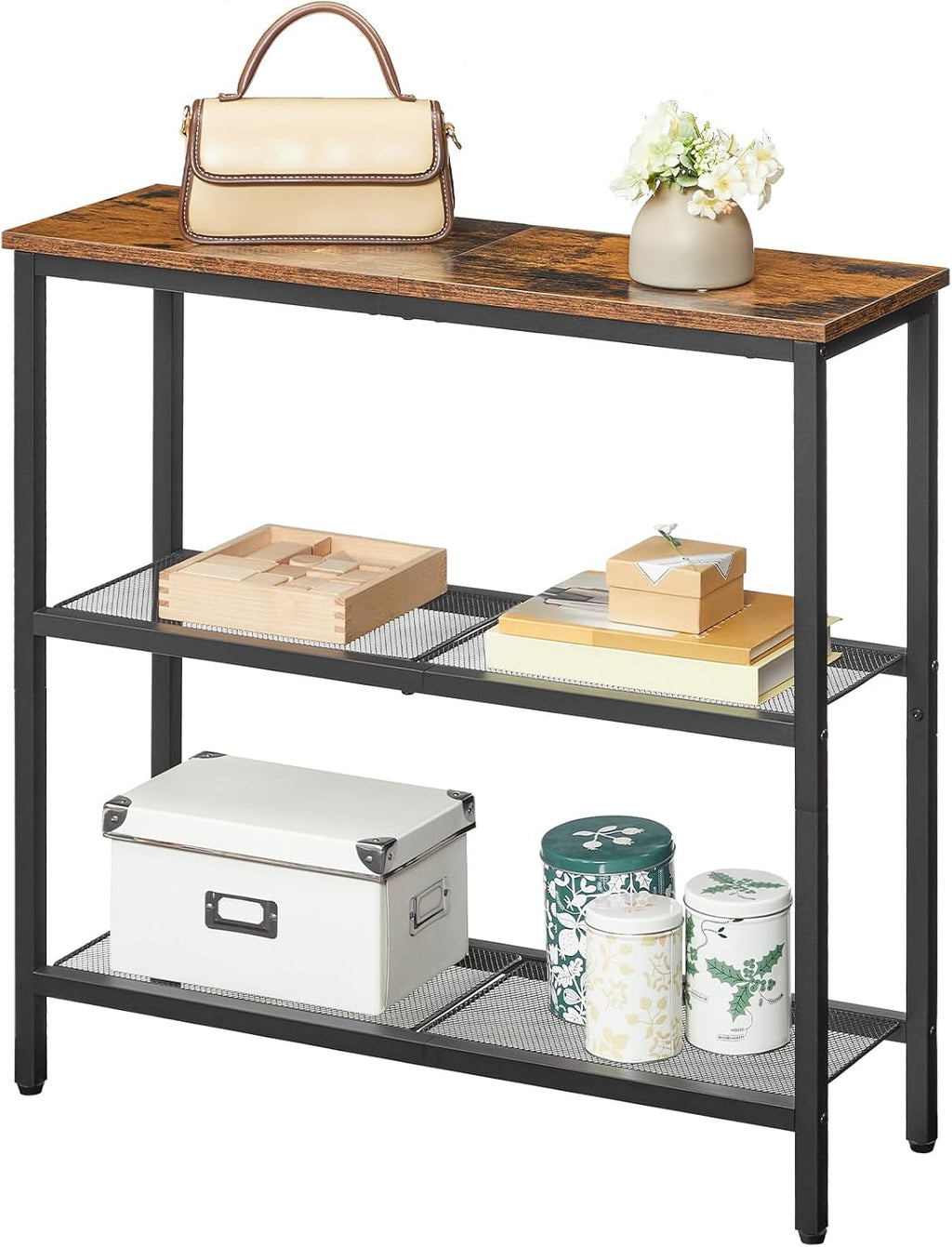 HOOBRO 29.5" Narrow Console Table, 3-Tier Entryway Table, Thin Sofa Table with Shelves, Side Table, Display Table, for Hallway, Entrance, Living Room, Bedroom, Rustic Brown and Black BF73XG01