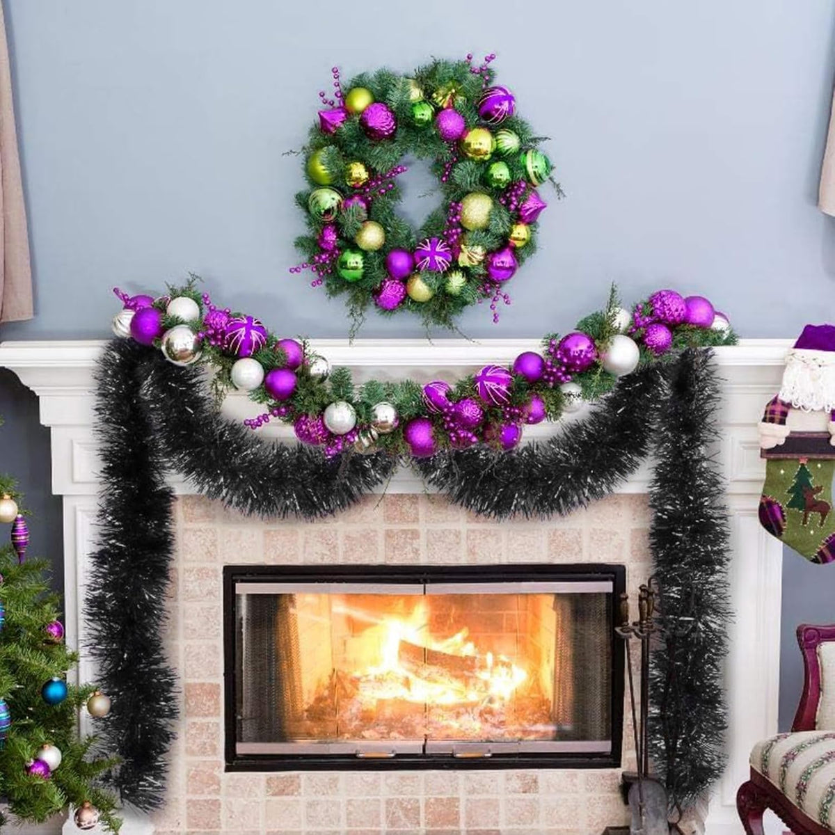 150 FT Black Tinsel Garland - Holiday Tinsel Garland for Christmas, Halloween, New Year, Birthday Parties & Tree Decorations (Black)