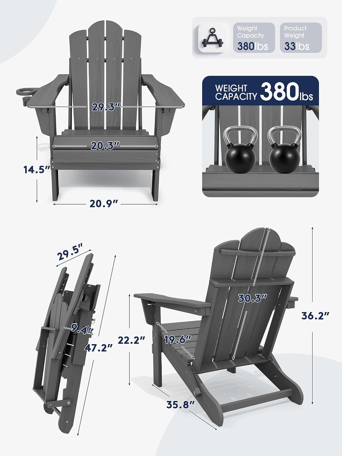 KINGYES Adjustable Adirondack Chair, 3 Position Chair with Cup Holder Gray