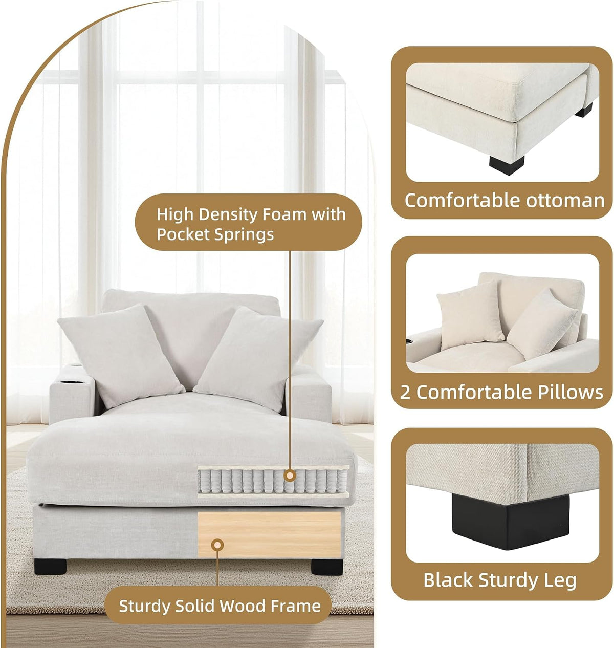 60" Oversized Chaise Lounge Chair Indoor with Adjustable Backrest & Charging Port,Wood Frame Chenille Comfy Reading Chair,Sleeper Chair w/ Cup Holder & 2 Pillows,Beige Chaise Lounge Chair for Bedroom
