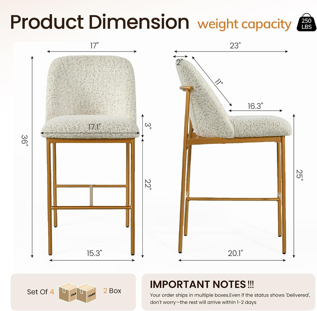 COLAMY Counter Height Bar Stools Set of 4, Modern Tweed Upholstered Kitchen Island Chairs with 3" Thick Cushion and Matte Gold Frame, Luxury 25 Inch Barstools with Back for Home Bar Dining Room, Beige
