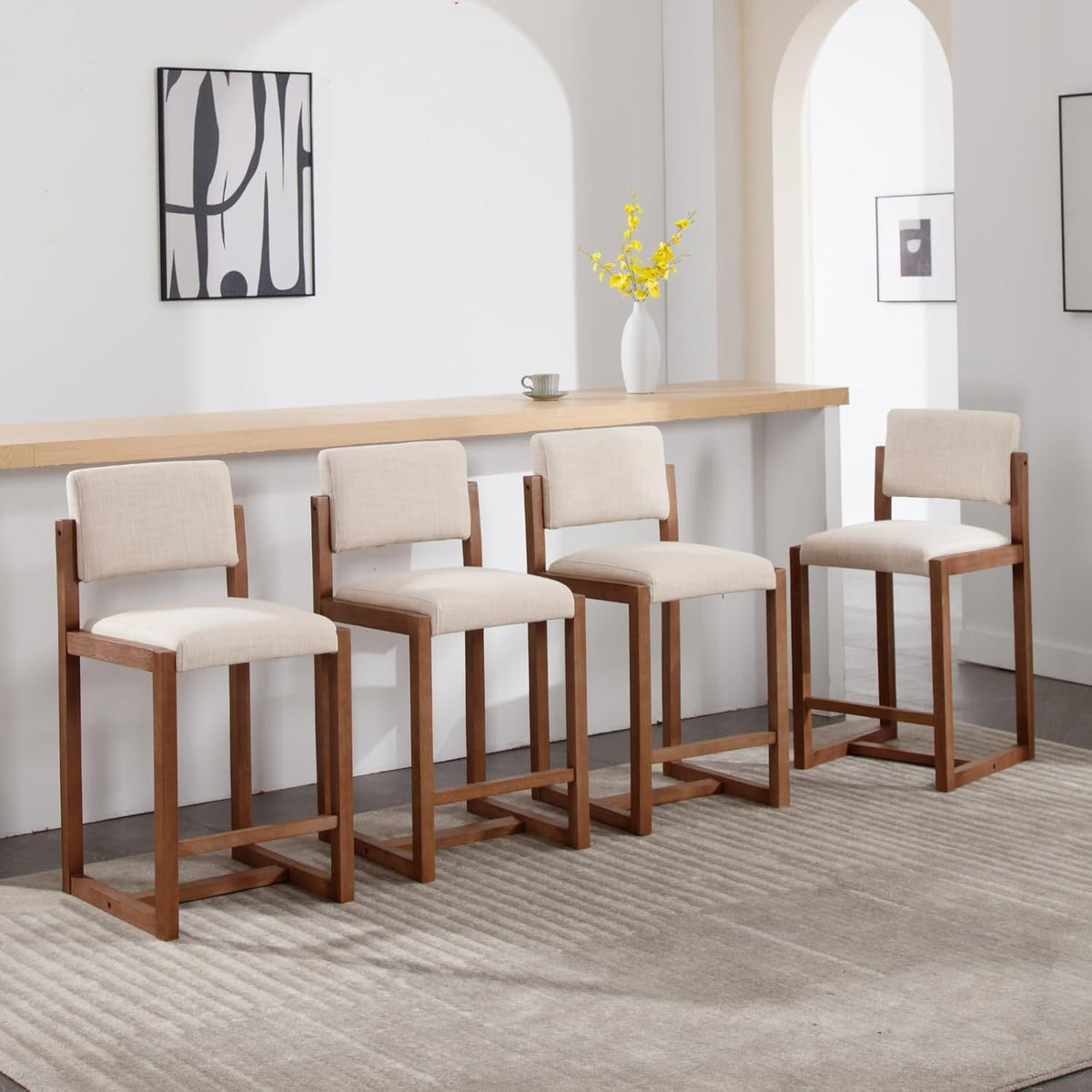 LukeAlon 26" Open Back Linen Counter Stools Set of 4, Beige