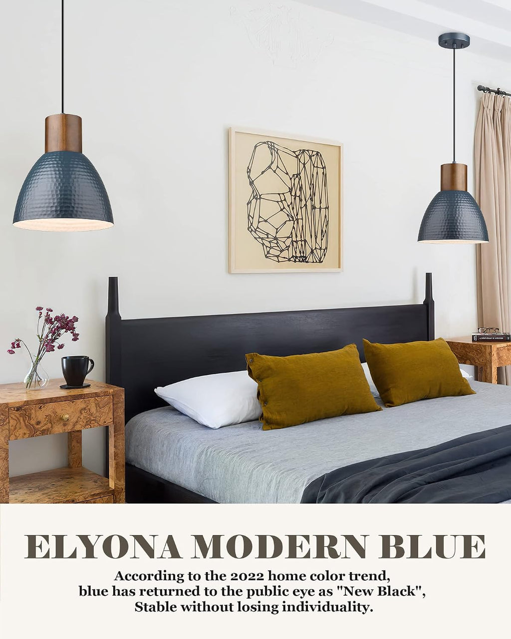 ELYONA 2 Pack Modern Hammered Pendant Lights 10.2” Blue Solid Wood Hanging Lamp, Adjustable Height, Industrial Metal Pendant Lighting for for Farmhouse, Kitchen Island, Dining Room,Bedroom,Bar,Office