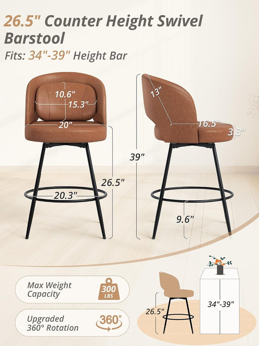 LUE BONA 26''H Swivel Bar Stools Set of 2, Counter Height Bar Stools with Backs, Lumbar Pillow and Black Metal Frames, Upholstered Modern Barstools for Kitchen Island, Faux Leather, Brown