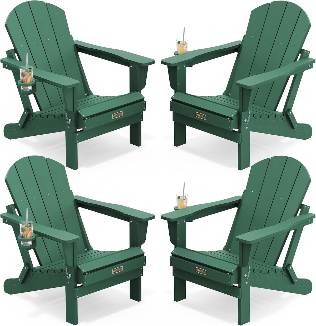 SERWALL Folding Adirondack Chairs Set of 4 with Cup Holder, Fire Pit -Green