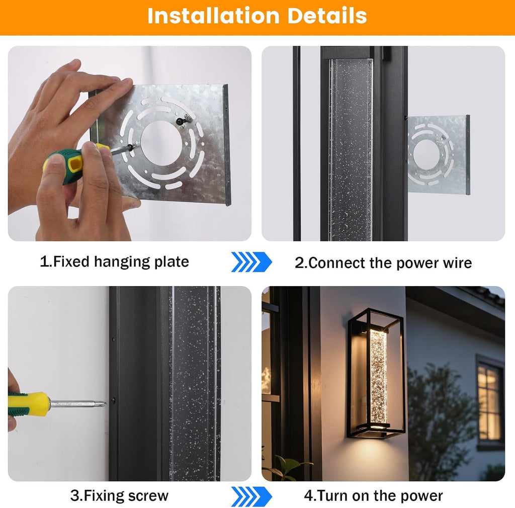 16 Inch Modern Outdoor Wall Sconce, Matte Black Waterproof Exterior Wall Light with Metal Frame and Crystal Bubble Glass, LED 3000K Warm White Lantern for Porch Garage Patio Lighting (1 Pack)