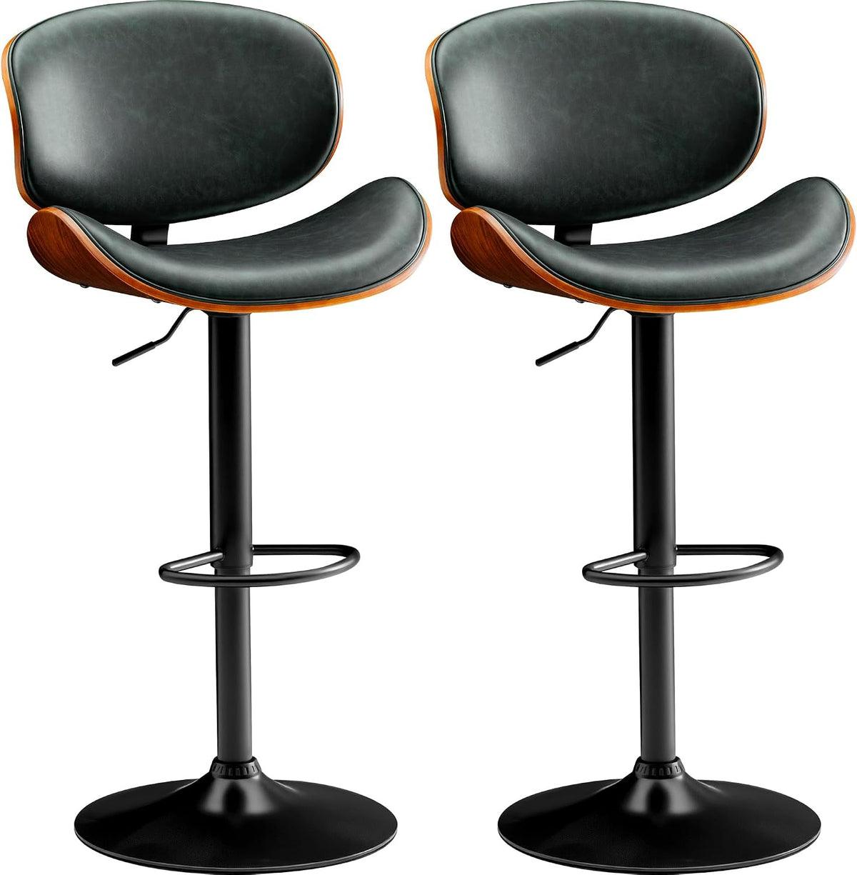 Furmax Bar Stools Set of 2 Adjustable Swivel Bentwood Barstools PU Leather Modern Bar Chairs with Back & Footrest for Bar, Kitchen Island, Dining Room (Grenn, Set of 2)