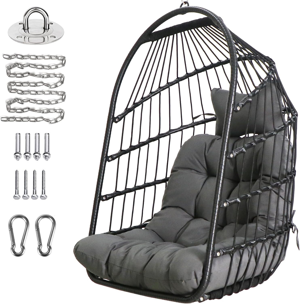 Chihee Egg Chair Foldable Wicker Rattan Hanging Swing Chairs Indoor Outdoor Patio Wicker Chair Hammock Chair with Stainless Steel Hanging Kit Chain Link UV Resistant Cushion Bedroom Balcony