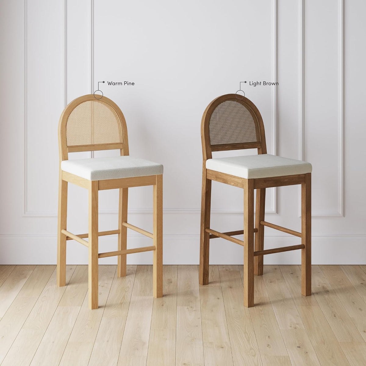 Nathan James Bailey 29 in. Boucle Bar Stool with Back, Bar Height Chair with Natural Woven Rattan Back and Solid Wood Legs, Light Brown