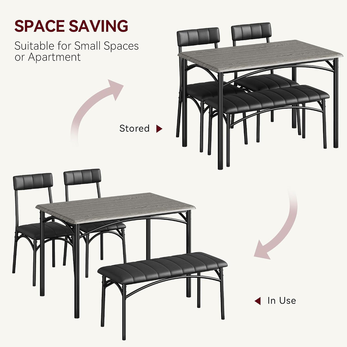 Garvee Dining Table Set for 4, Kitchen Table with Upholstered Bench and 2 Chairs, 4-Piece Wooden Dining Table Set for Apartment, Dining Room, Small Space, Gray