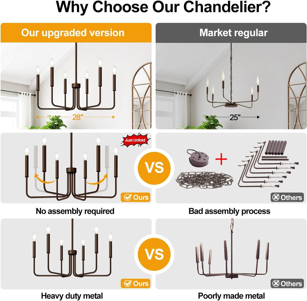 6-Light Farmhouse Chandelier for Dining Room Lighting Fixtures Hanging, Oil-Rubbed Bronze Dining Light Fixtures Industrial Chandelier for Bedroom, Foyer, Hall, Kitchen, Living Room and Entryway