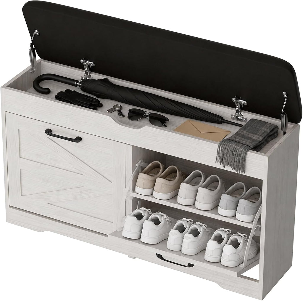 39" Shoe Storage Bench with Seat Cushion, Wood, Ash White