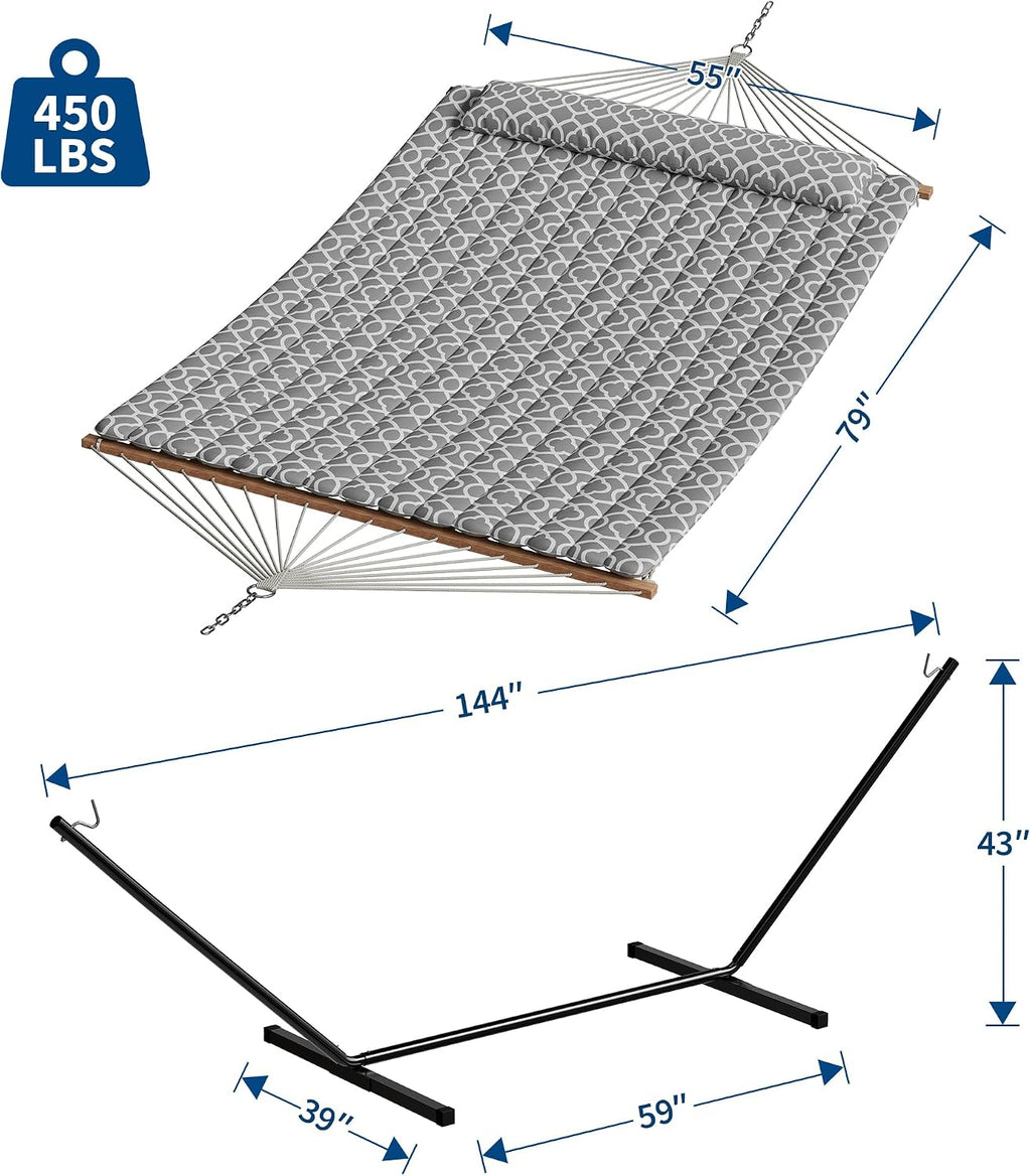 Garvee 2 Person Portable Double Hammock for Outdoor with Pillow, Heavy Duty Portable Hammock with Adjustable Steel Stand for Patio, Garden, Beach, Backyard