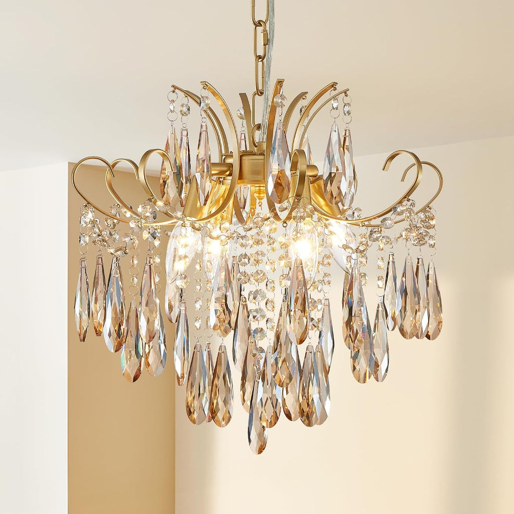 Gold Crystal Chandeliers for Dining Room 4-Light Modern Luxury Light Fixture for Living Room Bedroom Pendant Ceiling Hanging Light, Mid Century