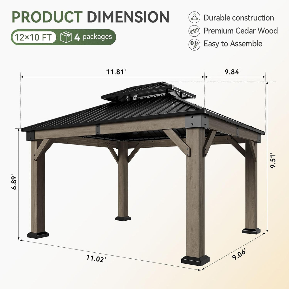 Aoxun 10' x 12' Cedar Wood Gazebo with Double Galvanized Steel Roof, Gray