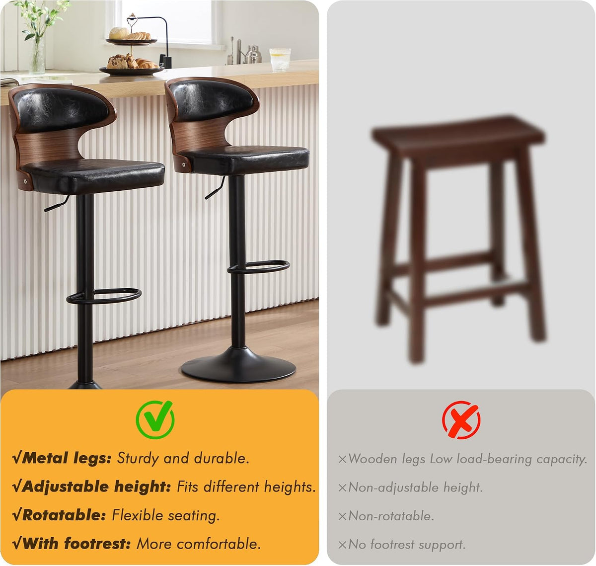 Bar Stool, 360° Swivel Barstools with Solid Wood Back and Footrest, Leather Adjustable Counter Height Chairs for Bar, Kitchen, Dining Room (Black)