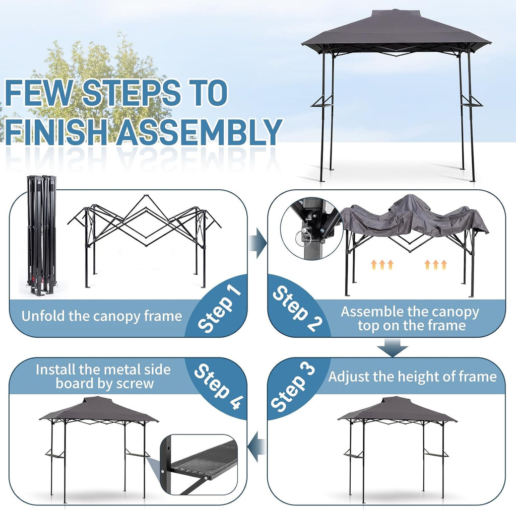 VINGLI 8x5 Pop Up Grill Gazebo BBQ Gazebo with 2 Side Shelves, Outdoor Grill Canopy BBQ Canopy Adjustable Height, Grilling Pergola for Patio Garden (Gray)