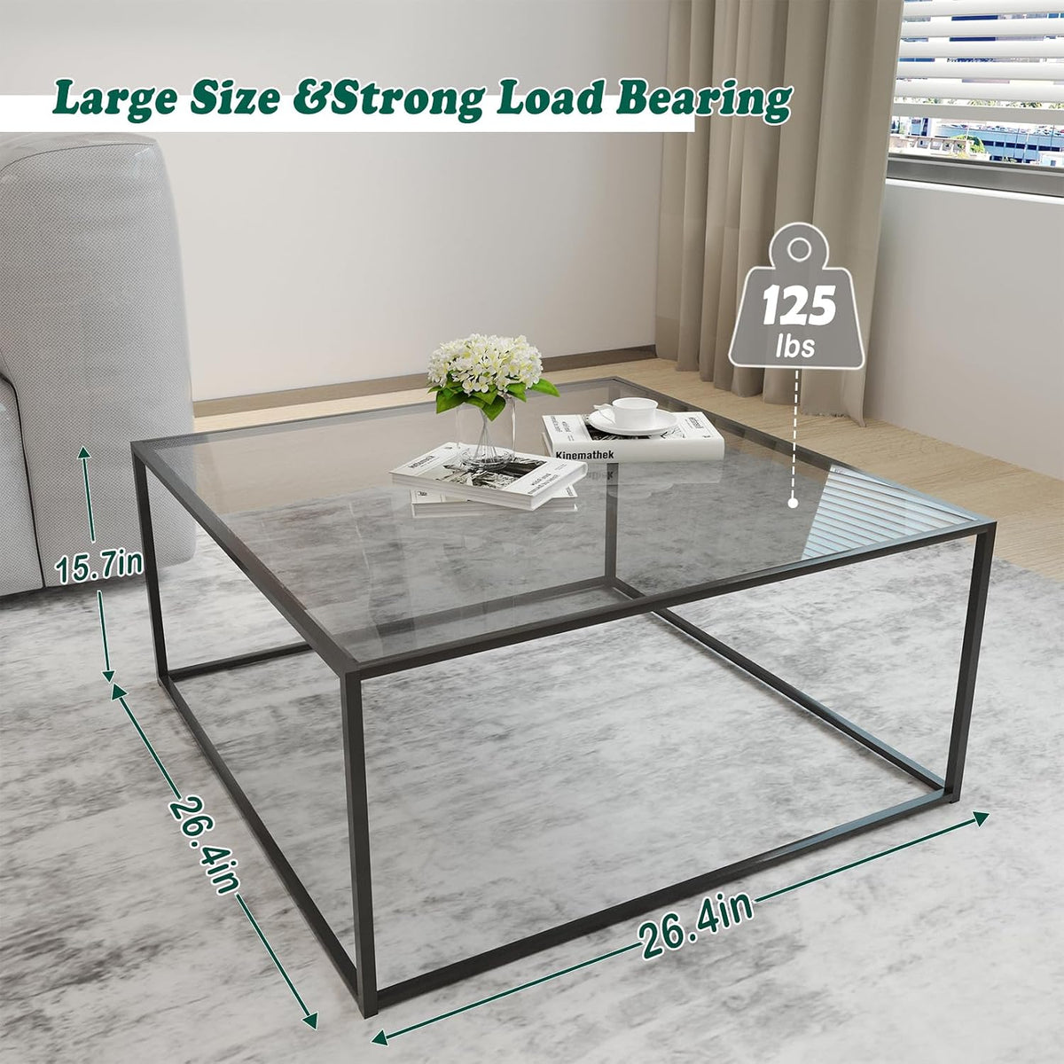 Glass Coffee Tables for Living Room Square Modern Center Table for Small Space,Tempered Glass-top with Sturdy Metal Frame Sofa Side End Table, Easy Assembly,26.4 x 26.4 x 15.7 Inches, Gray Black