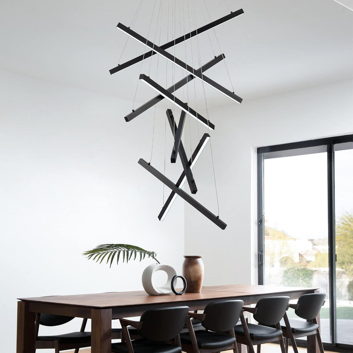 Modern Black LED 8-Light Linear Chandelier, 98.4", for High Ceilings