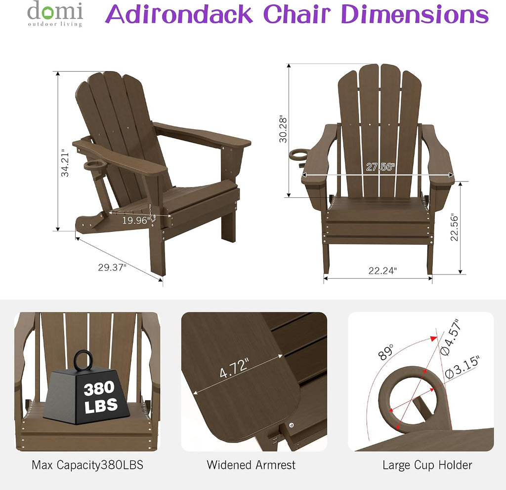 Domi Folding Adirondack Chair Set of 6, HDPE All-Weather Adirondack Chairs with Cup Holder, Outdoor Plastic Fire Pit Chairs Wood Texture for Poolside, Patio, Backyard, Deck (Khaki)