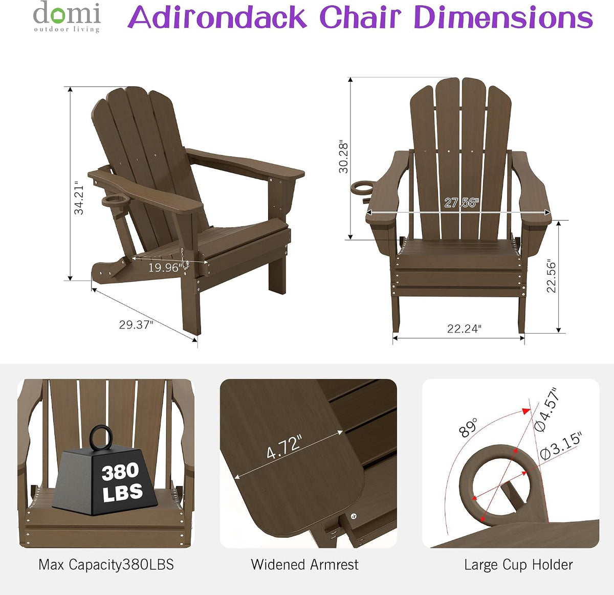 Domi Folding Adirondack Chair Set of 6, HDPE All-Weather Adirondack Chairs with Cup Holder, Outdoor Plastic Fire Pit Chairs Wood Texture for Poolside, Patio, Backyard, Deck (Khaki)