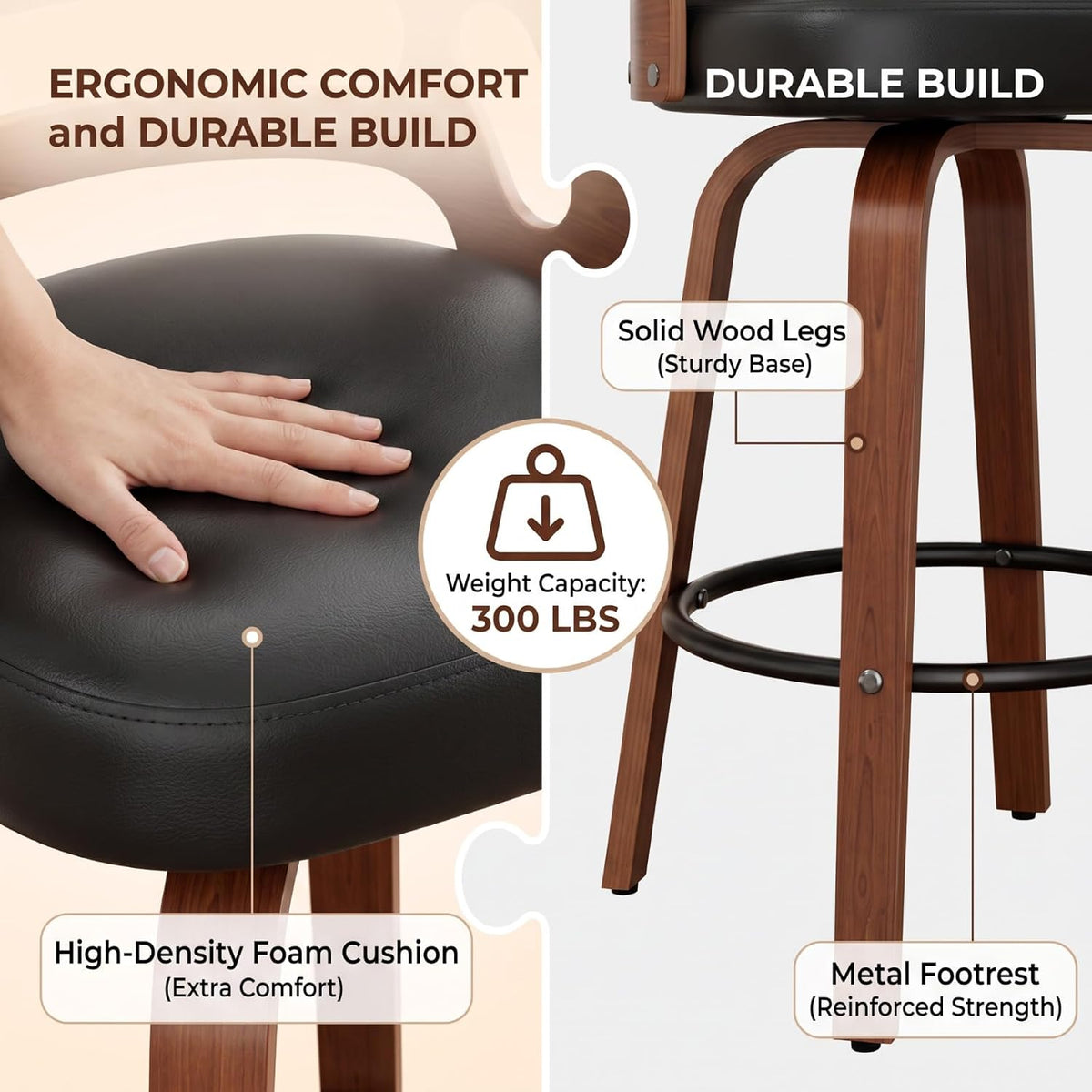 FevorFurn 26 Inch Swivel Bar Stools Set of 3, Upholstered Bar Chairs for Kitchen Island/Home Bar Table/Pantry/Café, Thick Cushion, Wooden Frame, Automatic Seat-Return to Center, Black
