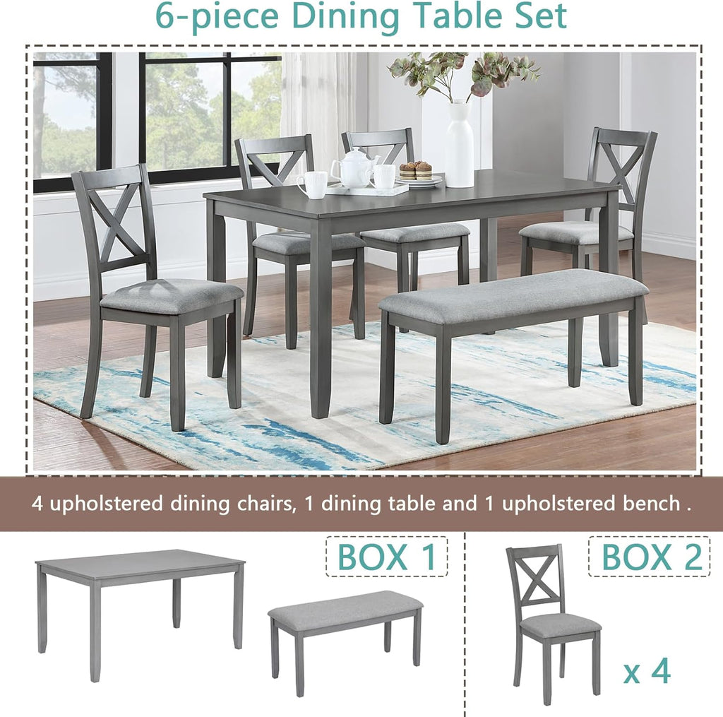 LUMISOL 6-Piece Dining Table Set with Bench, Farmhouse Solid Wood Kitchen Table Set with 4 Upholstered Chairs and Bench for Kitchen, Dining Room, Living Room, Grey