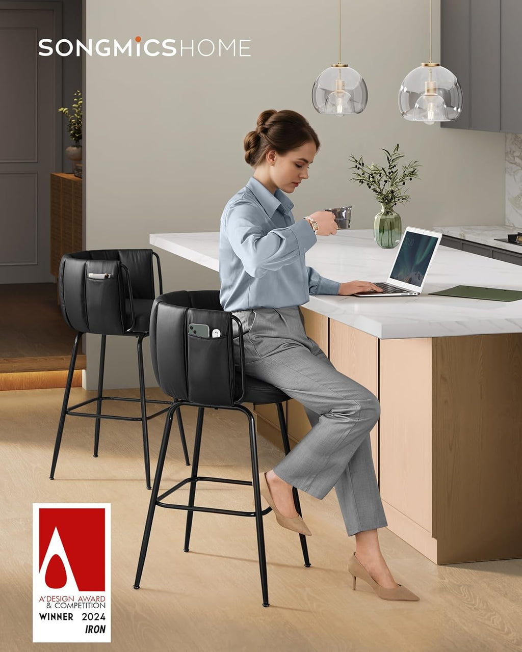 SONGMICS Home Bar Stools Set of 4, 360° Swivel,Bar Height