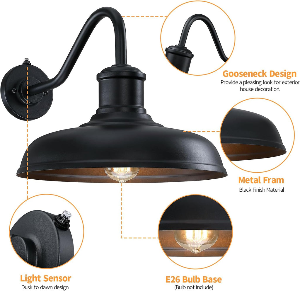 13.8'' Diameter Large Dusk to Dawn Outdoor Gooseneck Barn Light, 2 Packs
