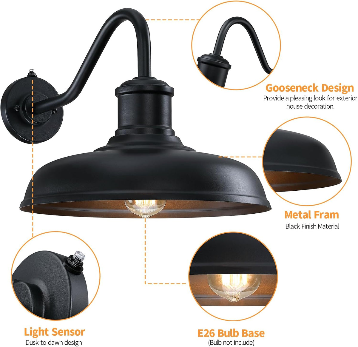 13.8'' Diameter Large Dusk to Dawn Outdoor Gooseneck Barn Light, 2 Packs