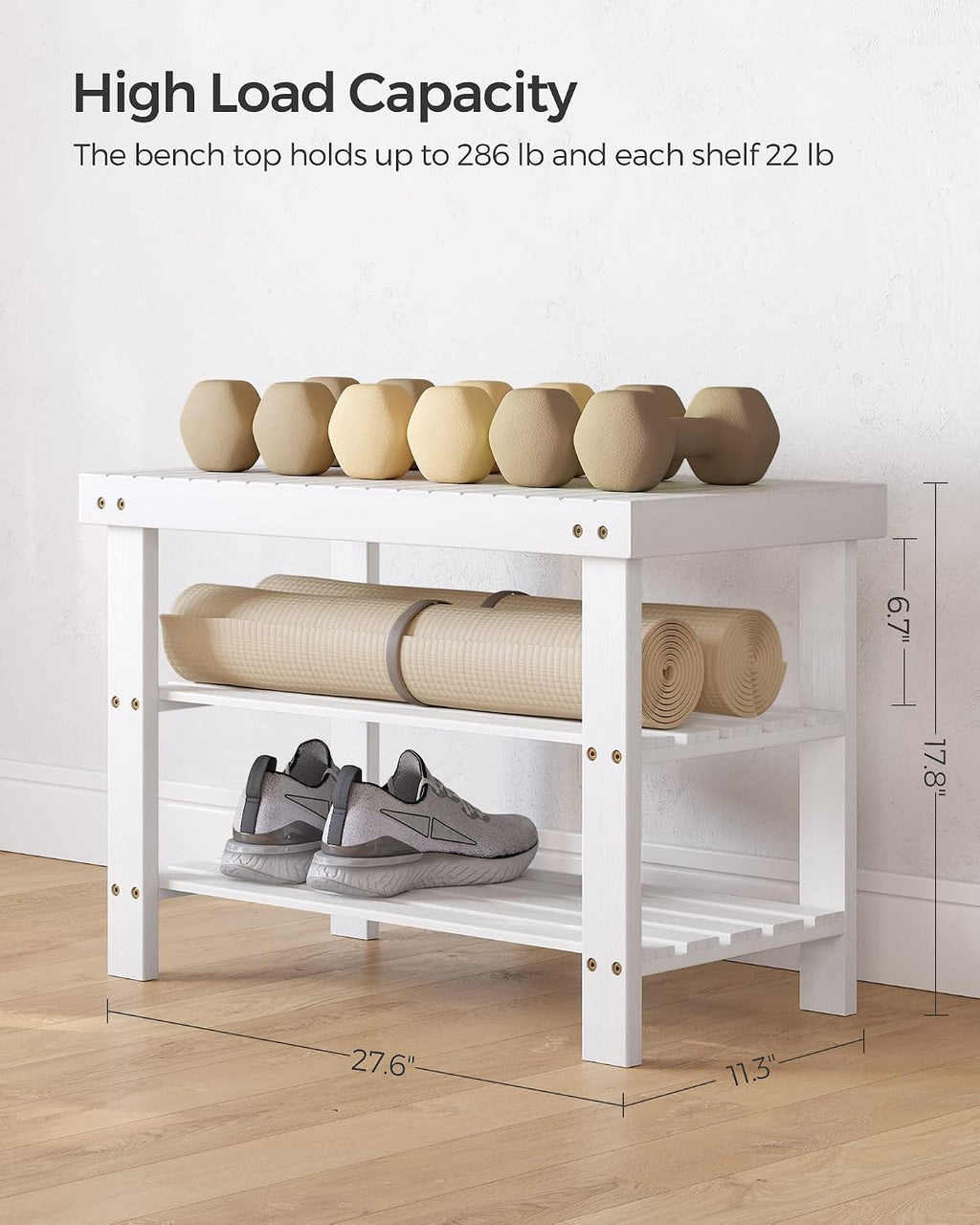 SONGMICS Shoe Rack Bench, 3-Tier Bamboo Entryway Bench, 27.6 Inches Width