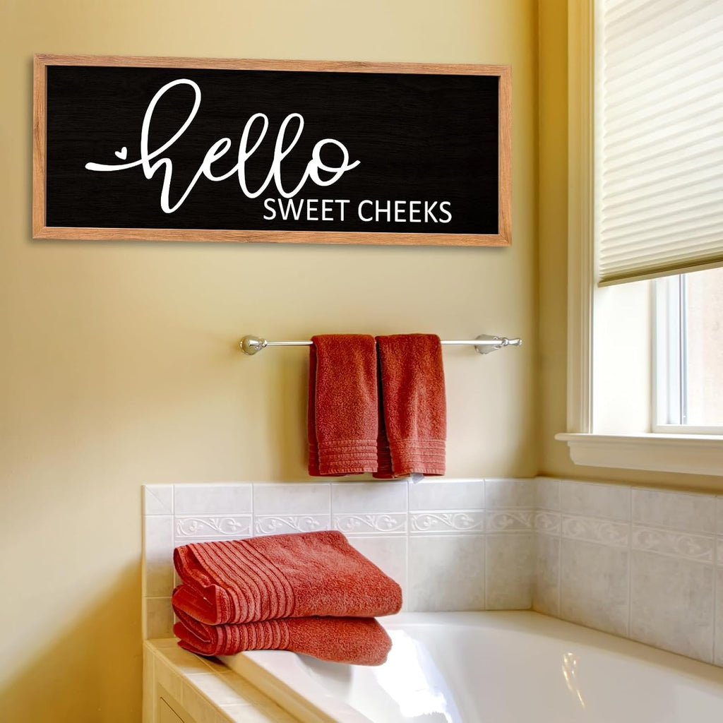 AuraPeak Hello Sweet Cheeks Bathroom Wall Decor, Wood Black, 40"×15"