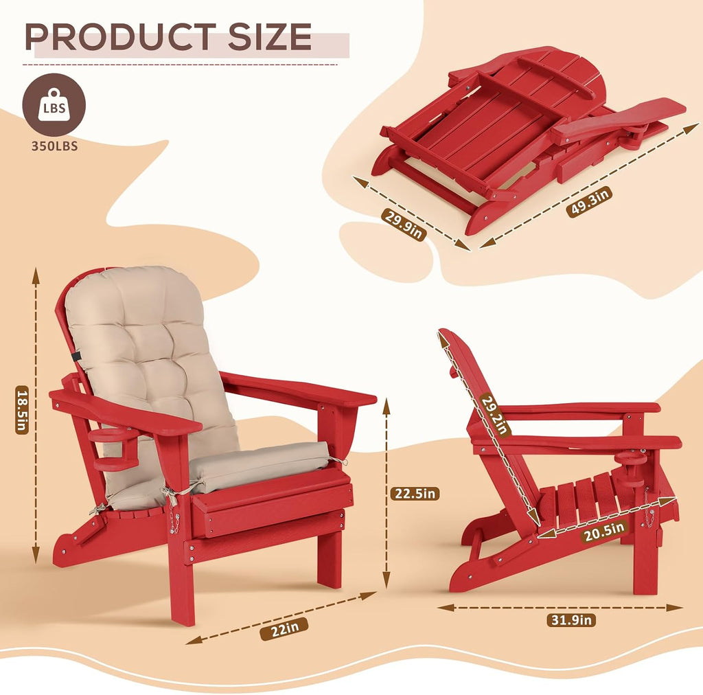 Adirondack Chair with Cushion & Cup Holder, HDPE Folding Adirondack Chair with Wood-Like Grain Outdoor Fire Pit Chairs for Patio/Porch/Swimming Pool/Camping