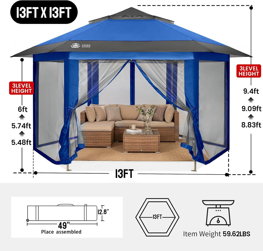 CROWN SHADES 13x13 Pop Up Gazebo with Mosquito Nettings, Blue&Gray